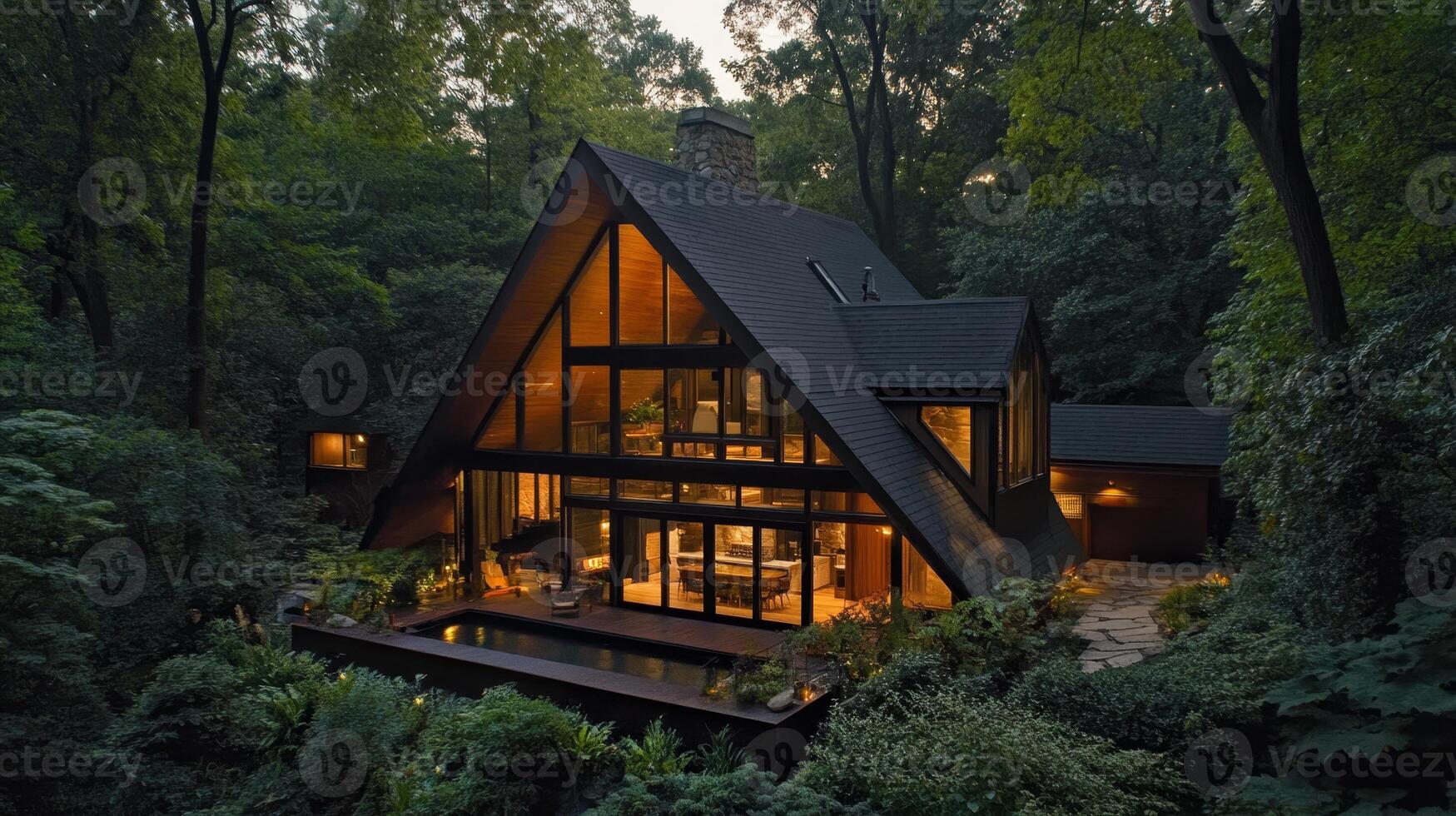 Stunning A-Frame House Surrounded by Lush Greenery photo