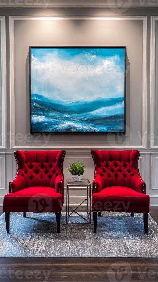 Elegant Red Chairs in a Stylish Interior with Ocean Artwork, a perfect blend of modern comfort and classic luxury, creating a sophisticated and inviting living space. photo