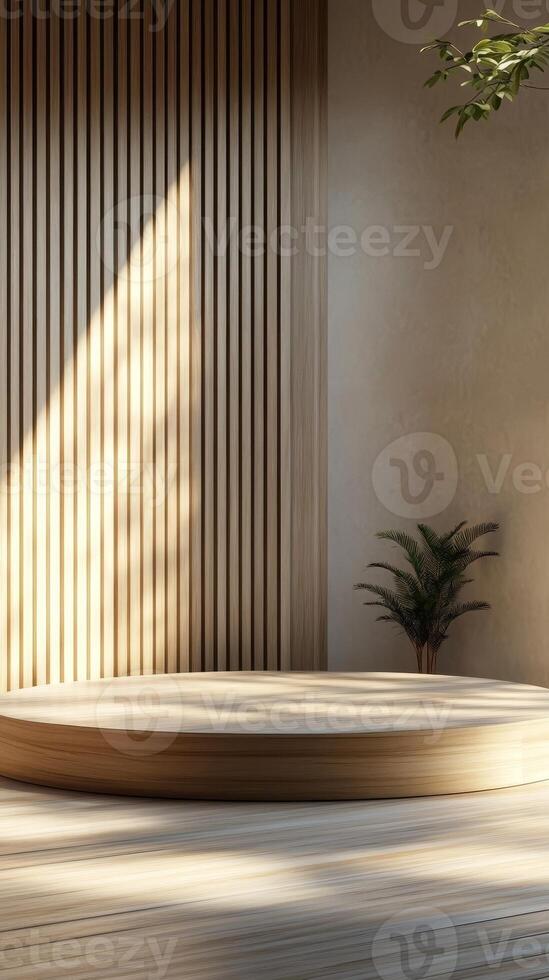 Zen Interior Design Minimalist Wooden Podium with Natural Light, Perfect for Product Display and Mockups, Creating a Serene and Modern Aesthetic Space photo