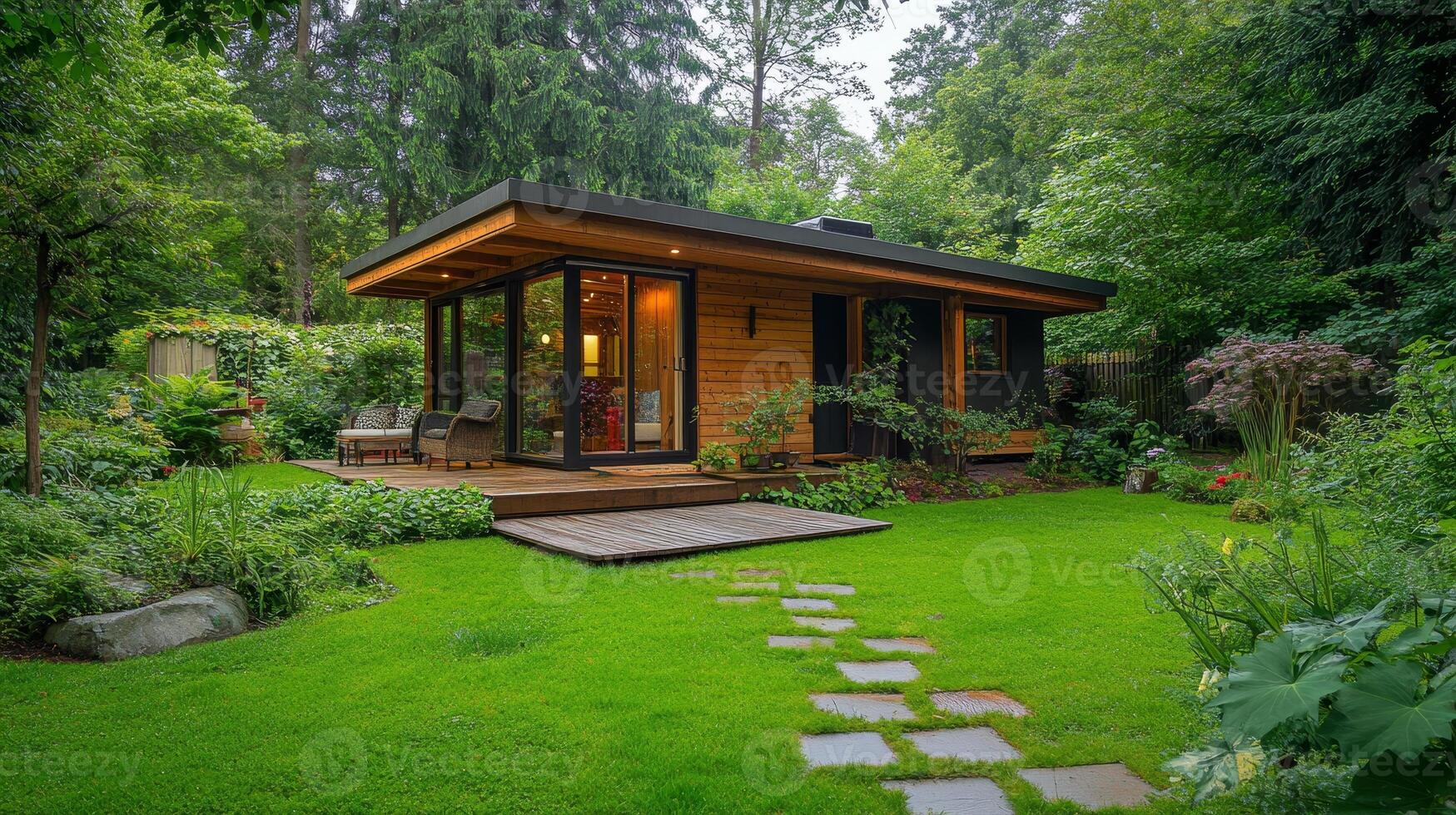 Modern House in Lush Garden A Tranquil Architectural Haven. Discover contemporary design, serene landscape, and peaceful retreat in this idyllic home. photo