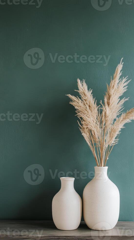 Elegant Still Life Pampas Grass in Vases on a Textured Green Backdrop - Bohemian Home Decor, Minimalist Interior Design with Earthy Neutral Tones photo