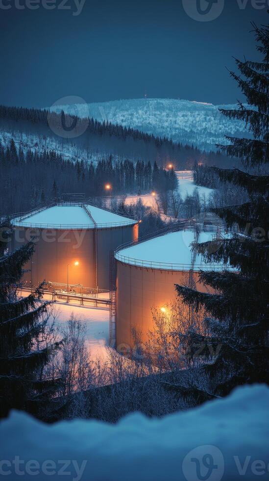 Winter's Embrace Industrial Tanks in a Snowy Landscape, Fueling the Cold with Energy and Petroleum, a Twilight Scene of Snowy Mountains and a Remote Facility photo