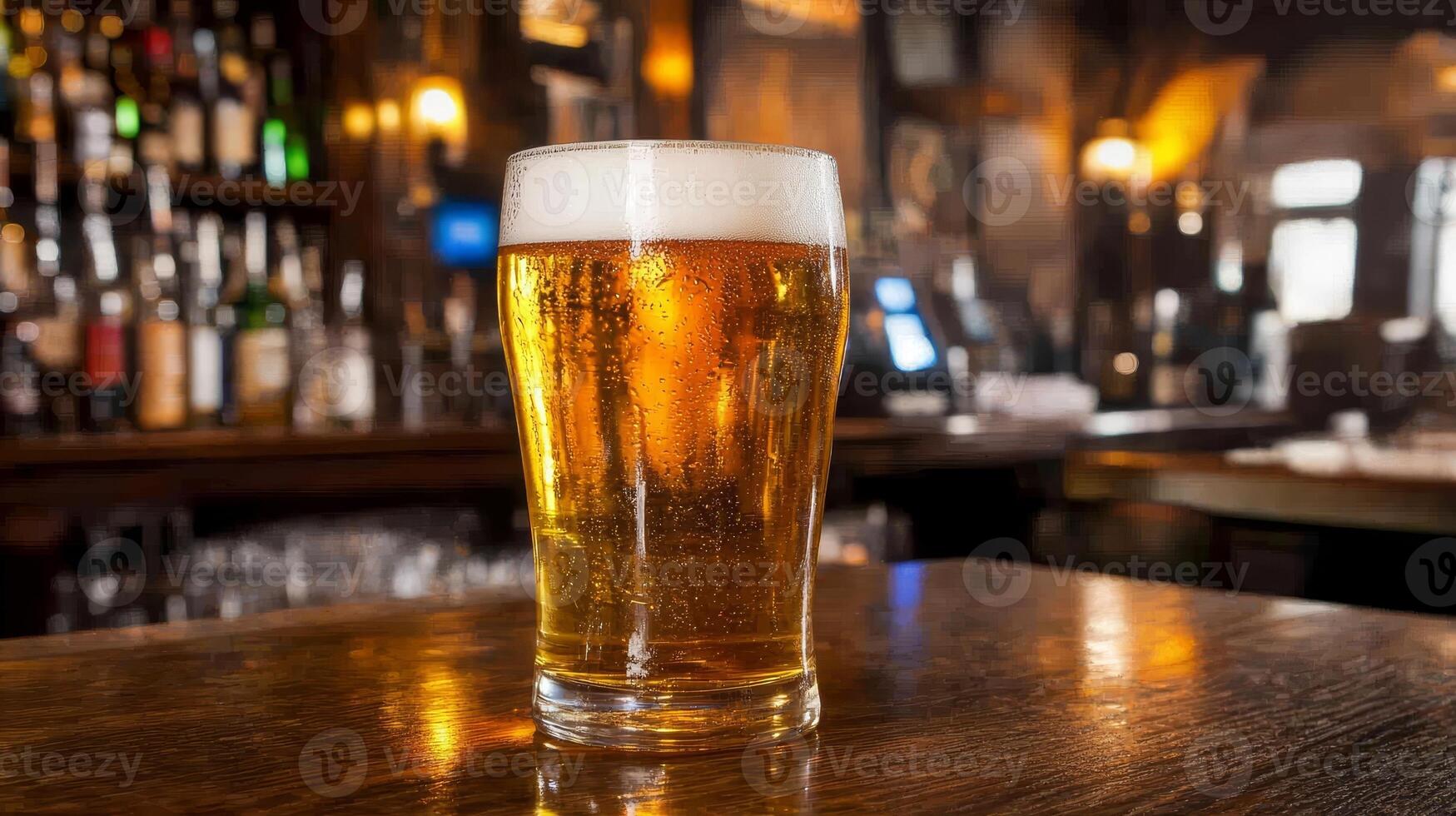Golden Pint of Beer on a Wooden Bar Top A Refreshing Alcoholic Beverage in a Glass, Perfect for Pubs, Taverns, and Nightlife Celebrations photo