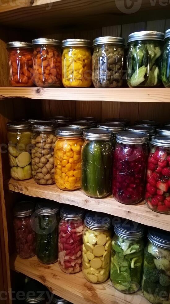 Captivating Canned Delights A Colorful Array of Preserved Foods in Glass Jars on Wooden Shelves for a Rustic Kitchen Display and Homemade Food Storage. photo