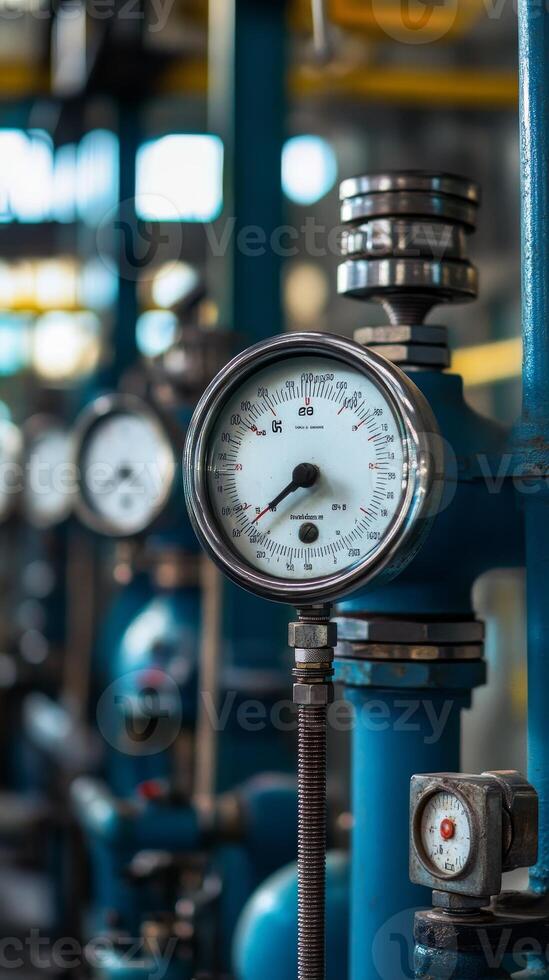 Industrial Precision A Close-Up of Gauges and Valves in a Blue-Hued Industrial Setting, Capturing the Essence of Engineering and Technological Prowess photo