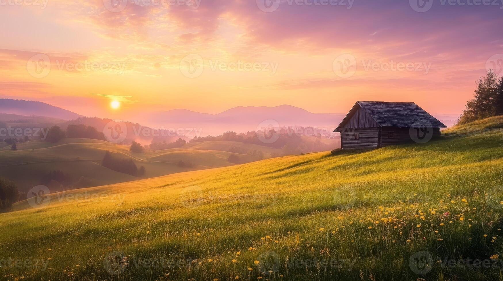 Serene Sunrise Over Rolling Hills and a Rustic Cabin photo