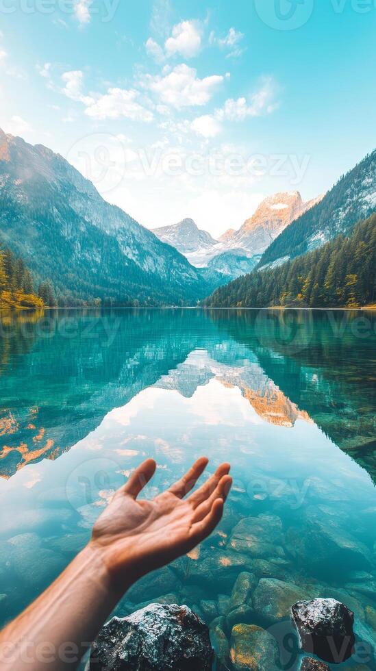 Serene Mountain Lake, Hand Reaching for the Sky, Breathtaking Views photo