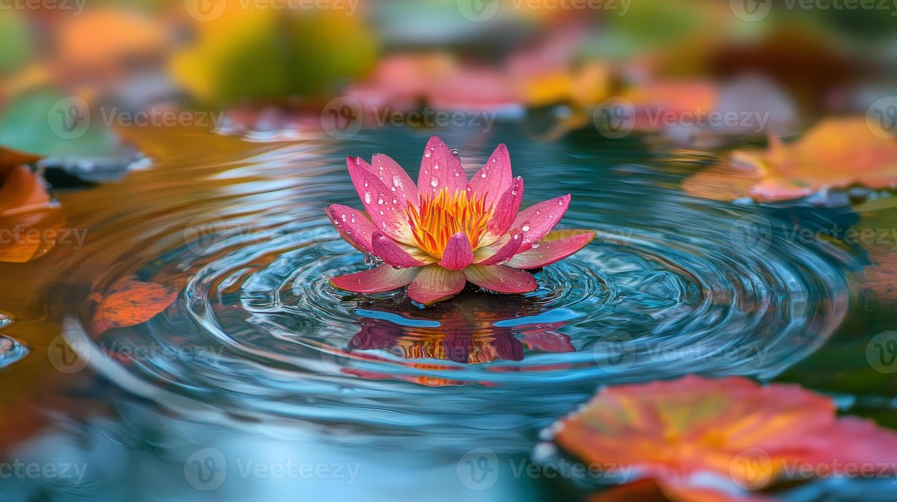 Serene Lotus Bloom A Symphony of Pink Petals, Rippling Water, and Tranquil Reflections in Nature's Embrace - A Captivating Floral Still Life photo