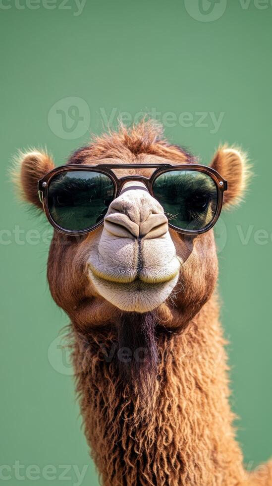 A Humorous Portrait of a Camel with Sunglasses photo