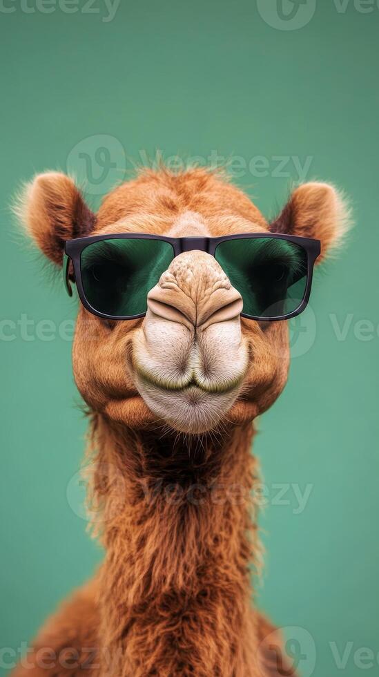 Cool Camel Portrait A Funny Dromedary with Sunglasses in the Desert. Wildlife Photography, Saudi Arabia, Middle East. Travel and Tourism, Cute Animal. photo