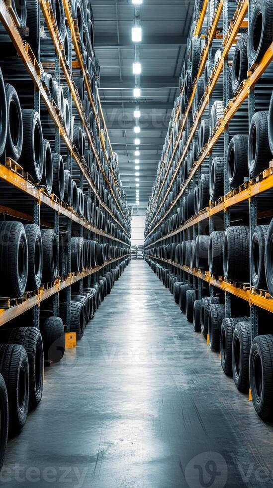 Tires in Warehouse A Vast Stockpile for Automotive Retail and Distribution, Perfect for Inventory Management and Commercial Business, Ready for Sale and Transportation photo