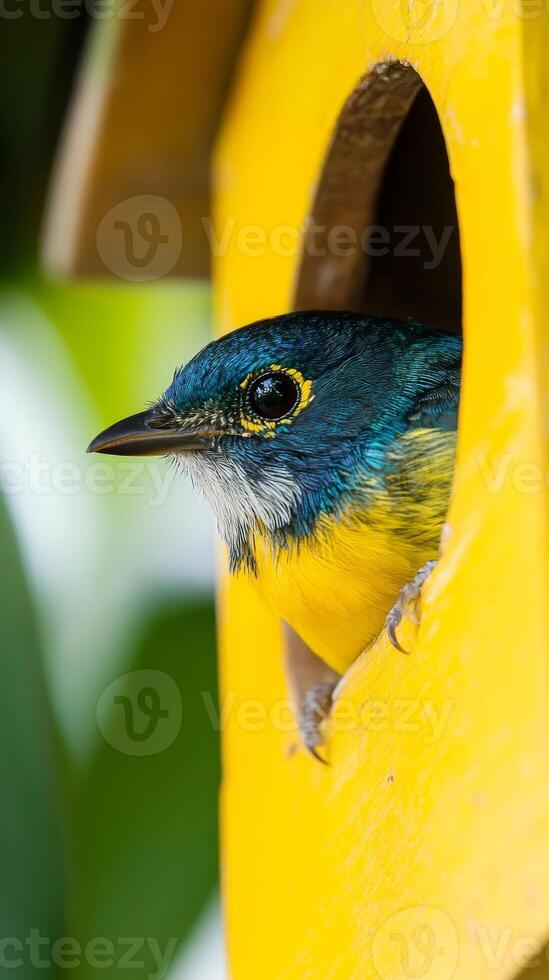 Vibrant Blue and Yellow Bird in a Birdhouse photo