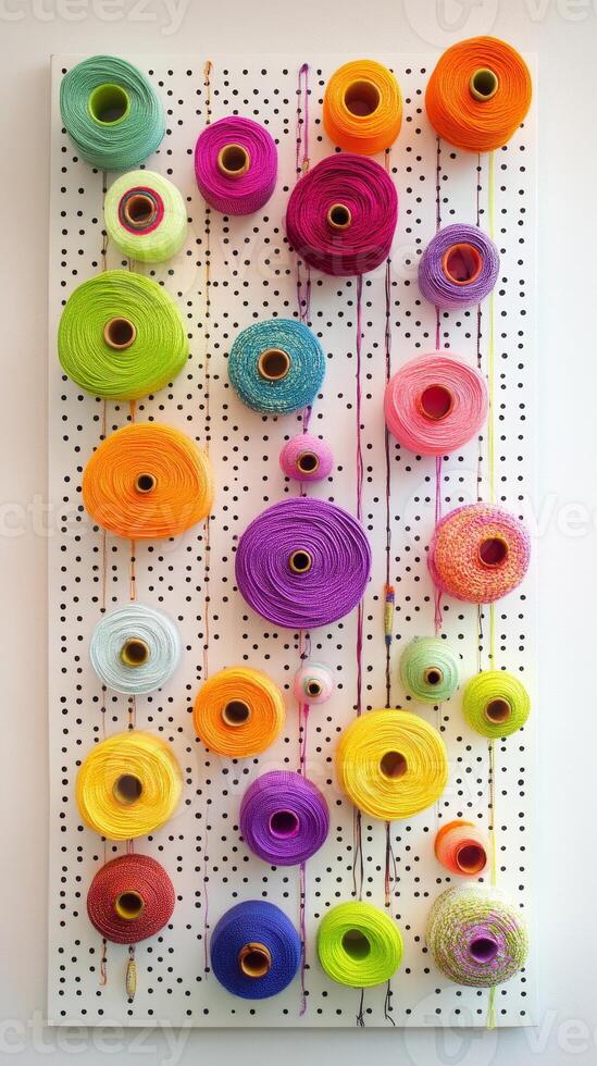 Vibrant Yarn Spools on Display A Colorful Crafting Collection for Creative Hobbies and Textile Art, Showcasing a Variety of Textures and Patterns photo