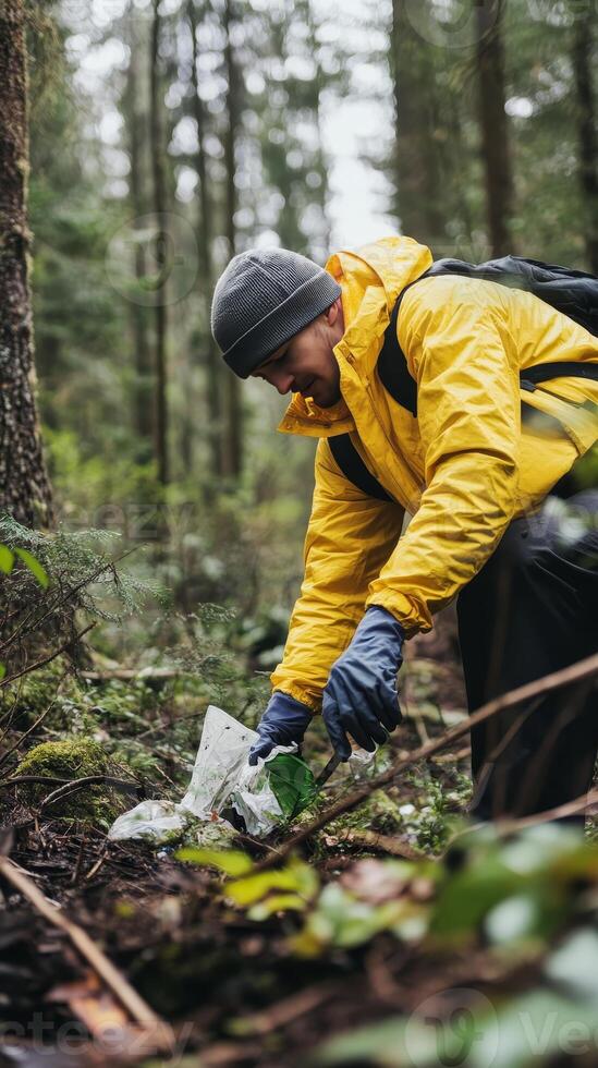 Dedicated Person Cleaning Litter in a Forest, Environmental Conservation photo