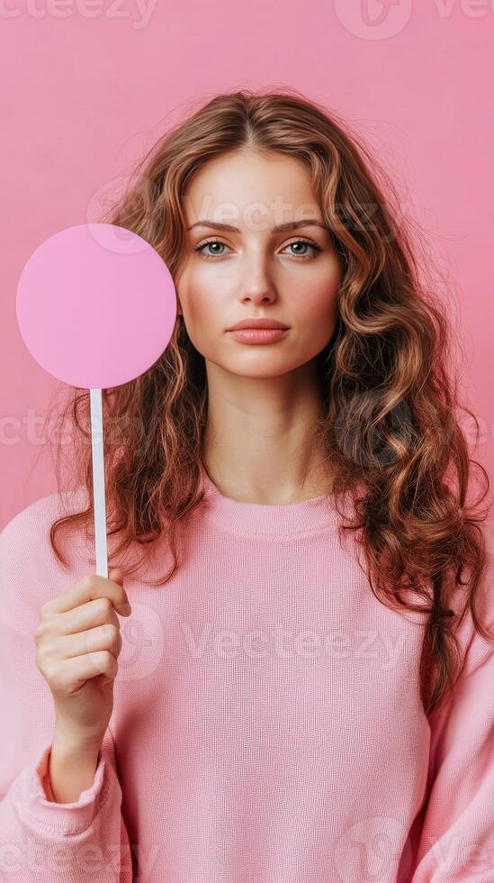 Stylish Woman in a Pink Sweatshirt Holding a Blank Circle photo