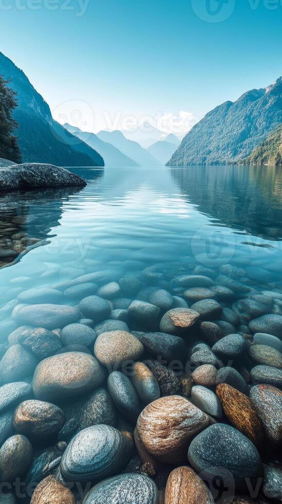 Serene Mountain Lake with Crystal Clear Water and Stones photo