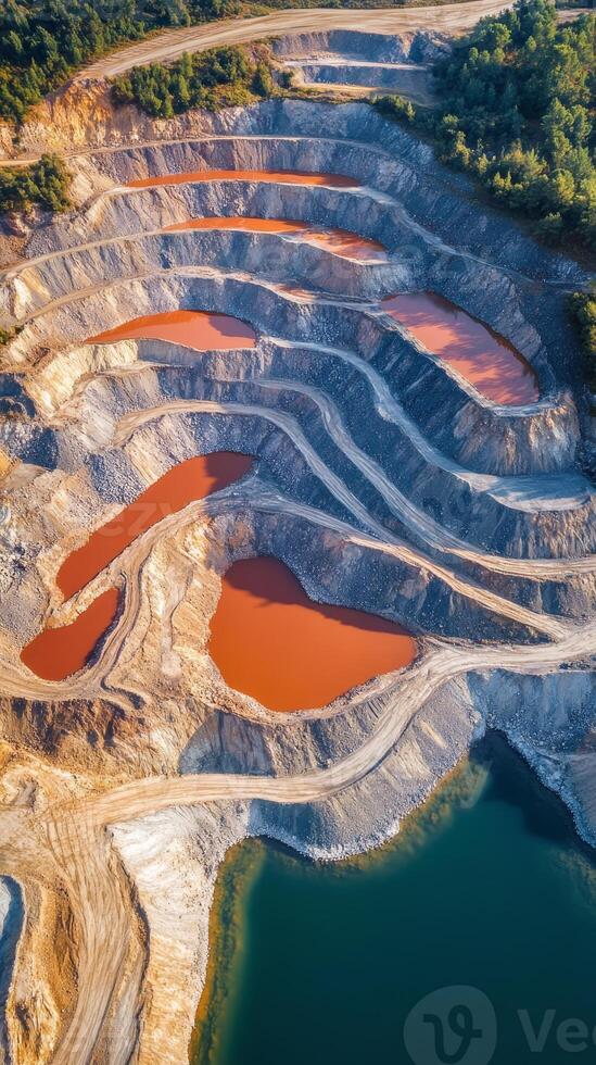 Aerial View of a Quarry with Terraced Pools of Red Water photo