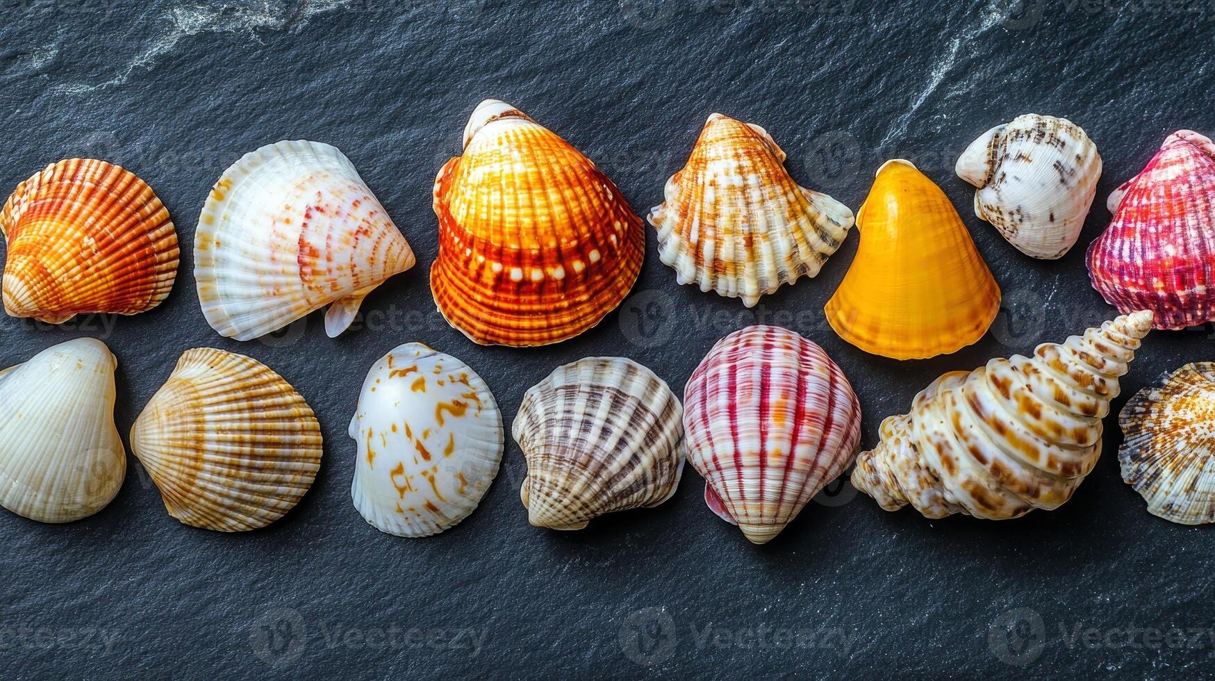 A Colorful Collection of Seashells on a Dark Slate Background photo