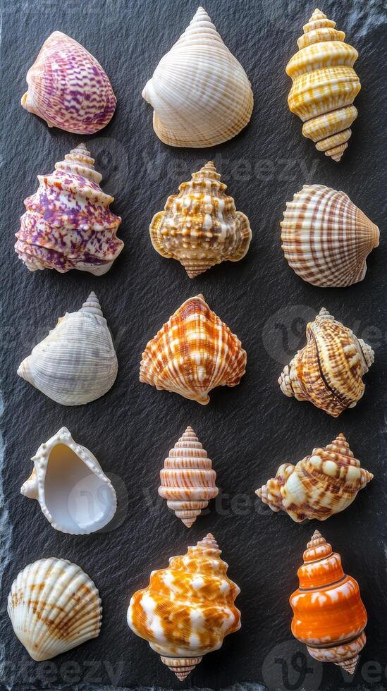A vibrant assortment of seashells on dark slate photo