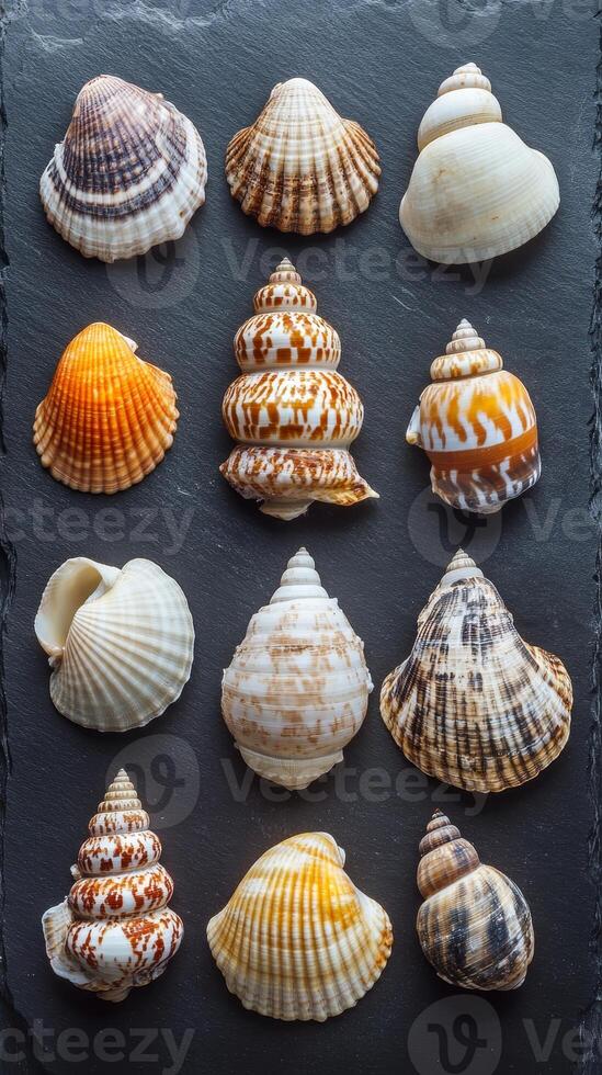 A Collection of Exquisite Seashells on Dark Slate photo