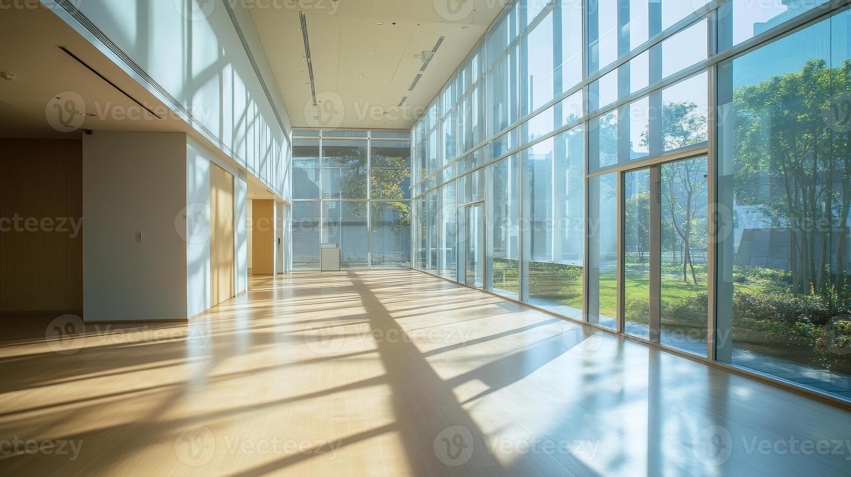 Modern Empty Hallway with Large Windows, Natural Light, and Wood Floor photo