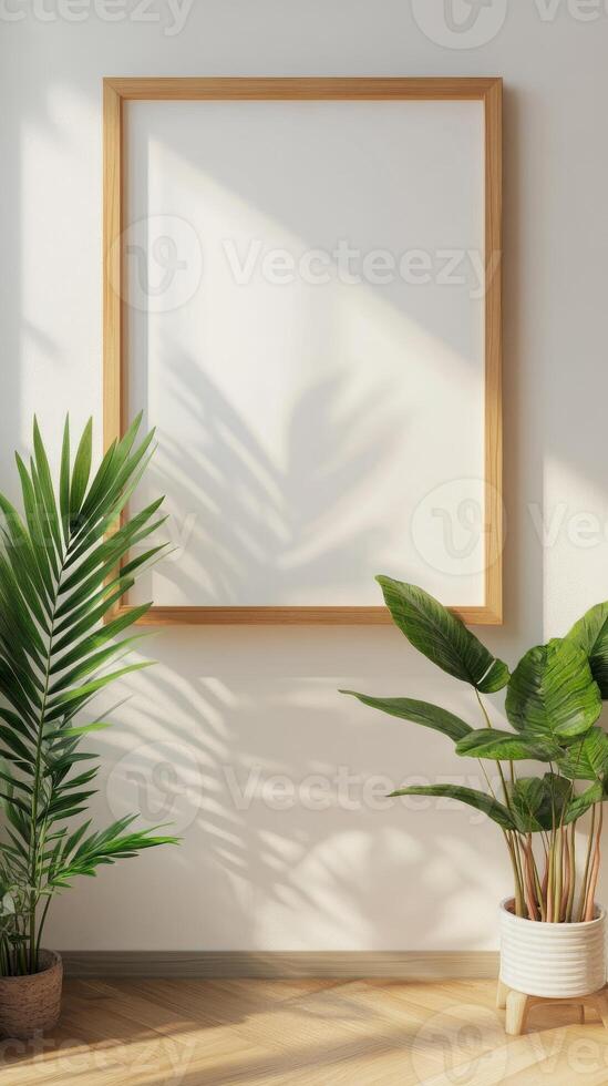 Empty Wooden Frame on a Light Wall with Plants photo