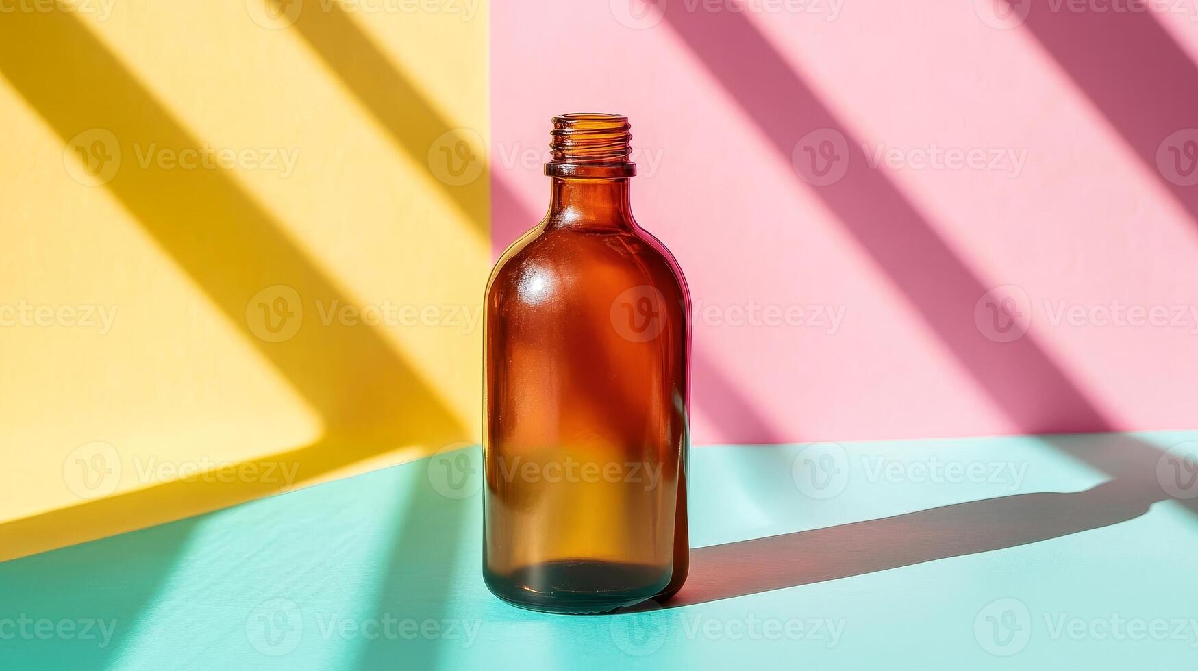 Stylish Brown Glass Bottle on Vibrant Pastel Background photo