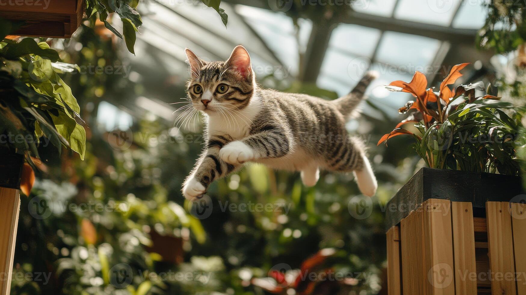 A Playful Kitten Leans into the Lush Greenhouse photo