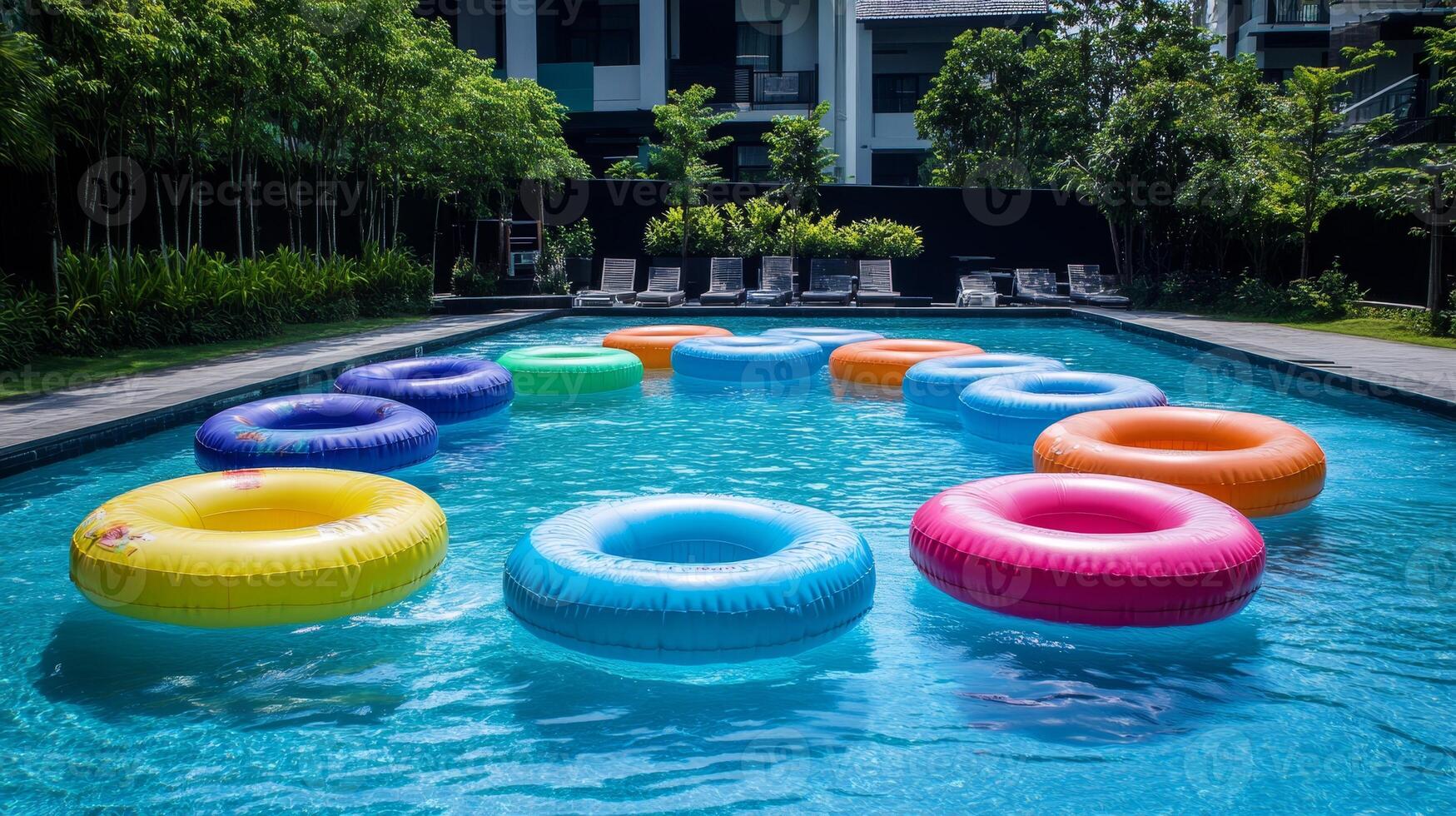 Vibrant Pool Fun with Colorful Inflatable Rings photo