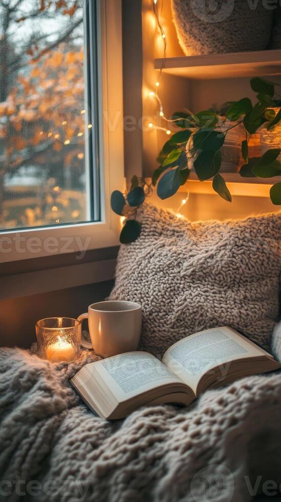 Cozy Autumn Evening by the Window with Book and Warm Drinks photo