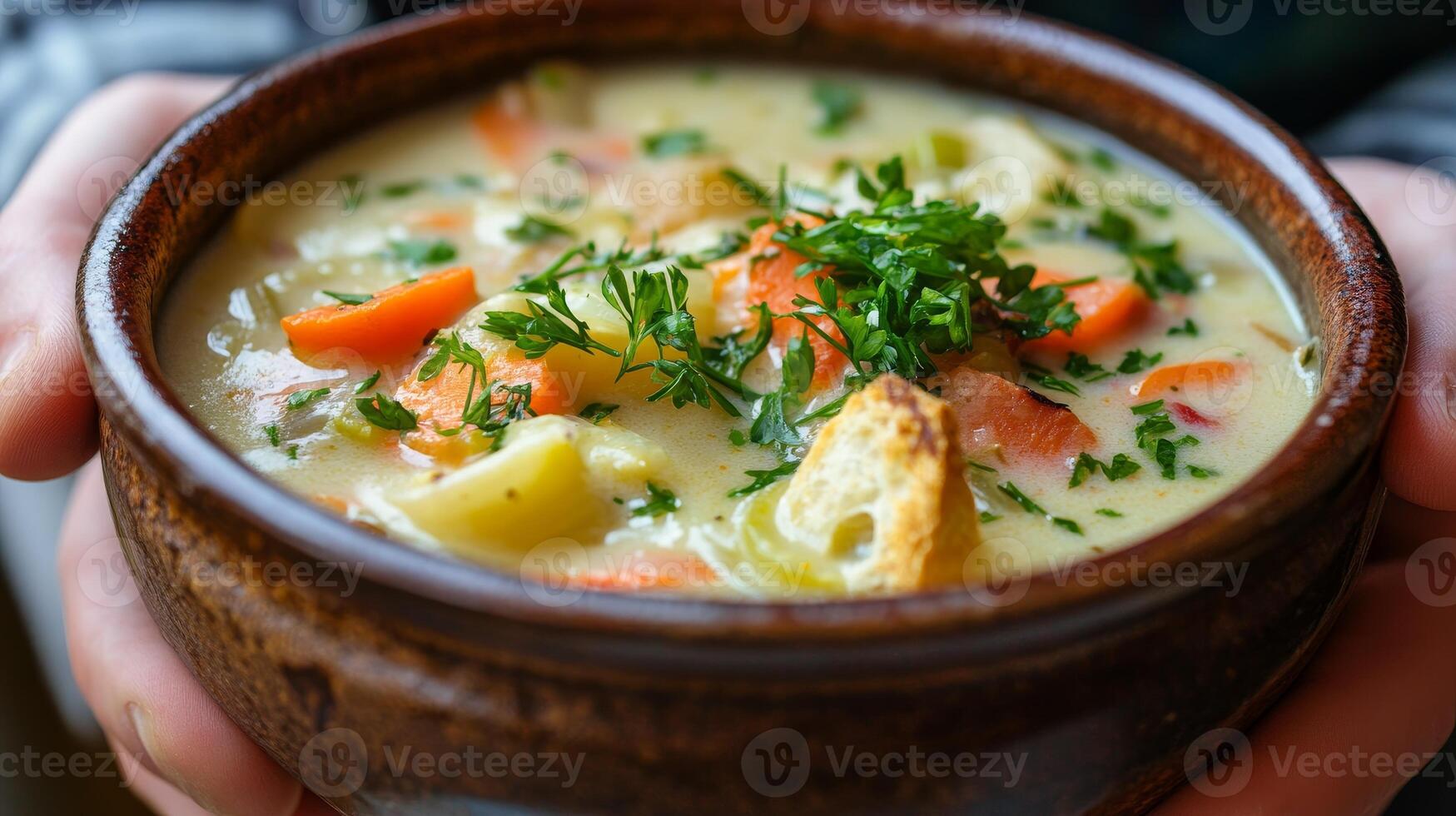 Hearty vegetable soup with toasted bread bites photo