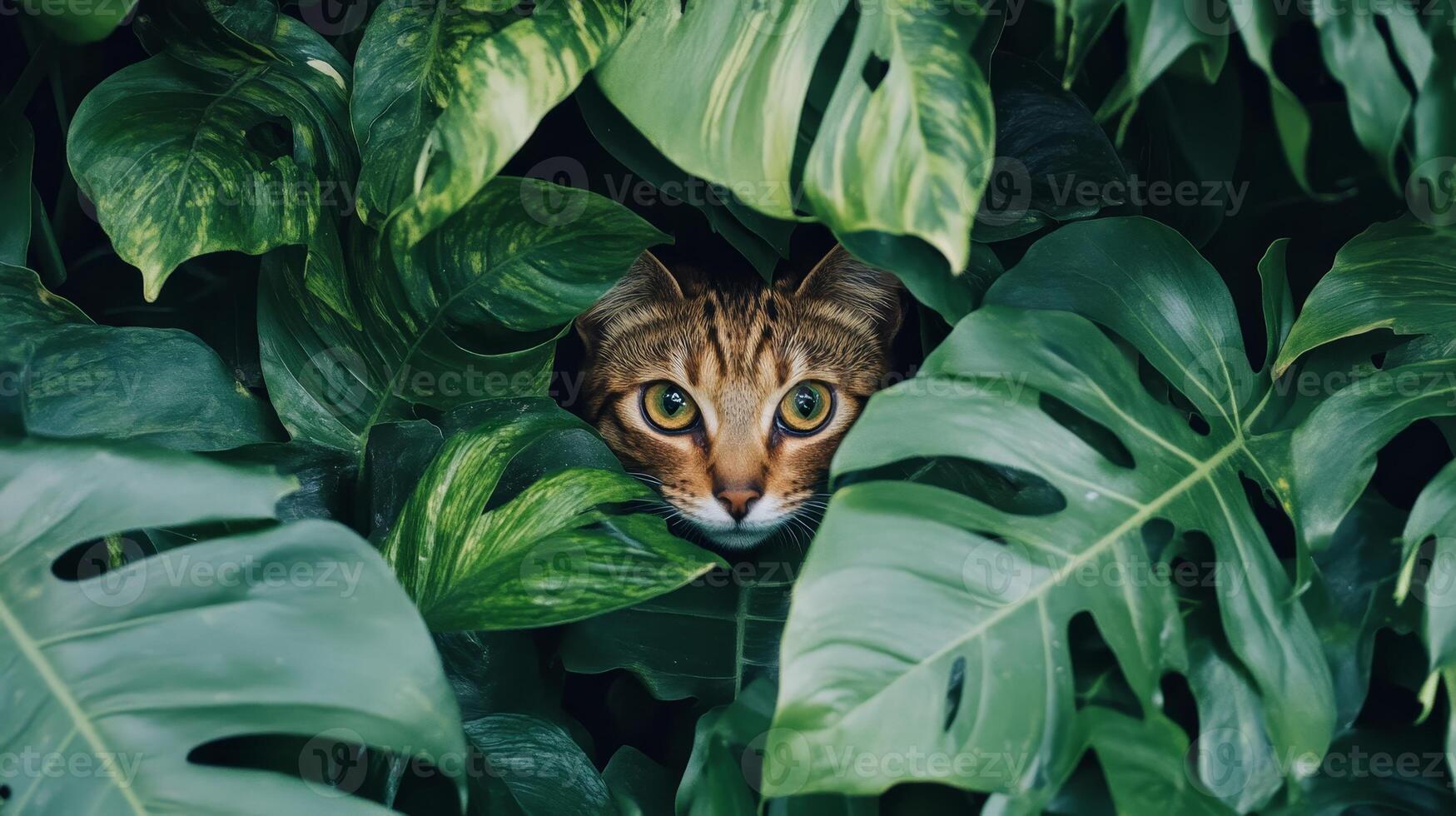 A Curious Cat Hidden Amongst Lush Tropical Plants photo
