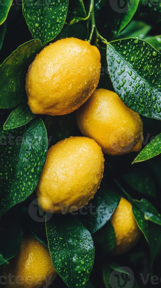Close-up of Fresh Lemons on a Tree with Dew Drops photo