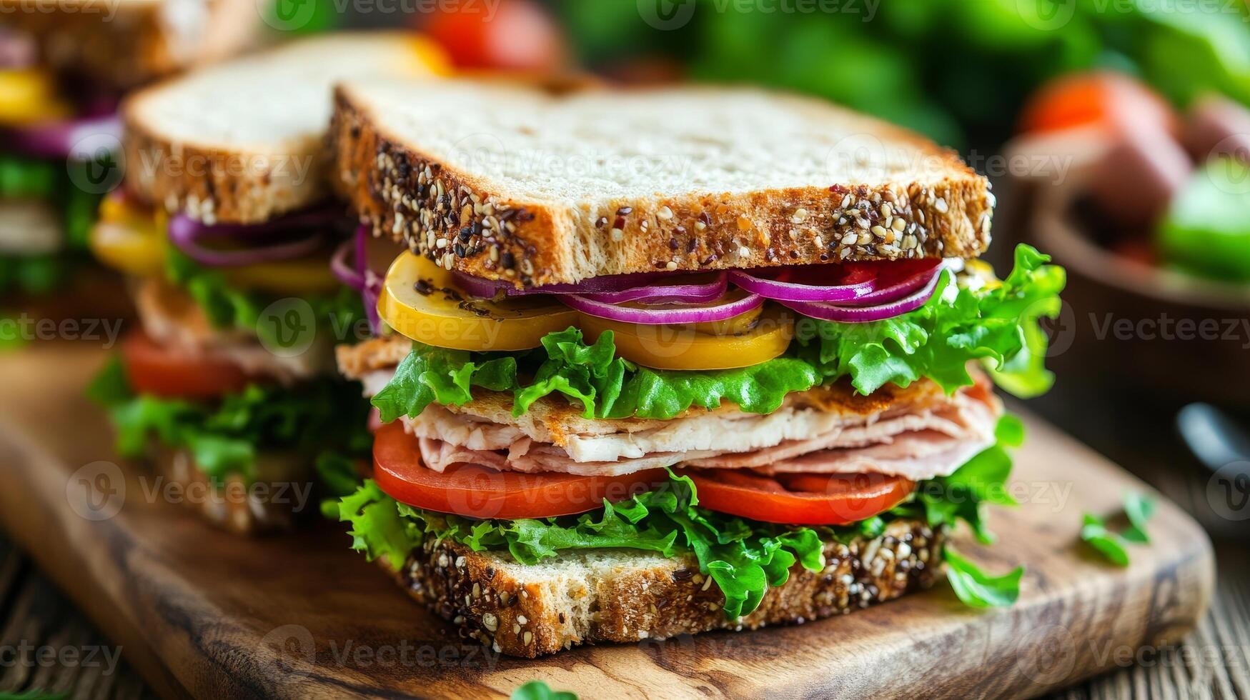 Scrumptious Gourmet Sandwich with Fresh Ingredients photo