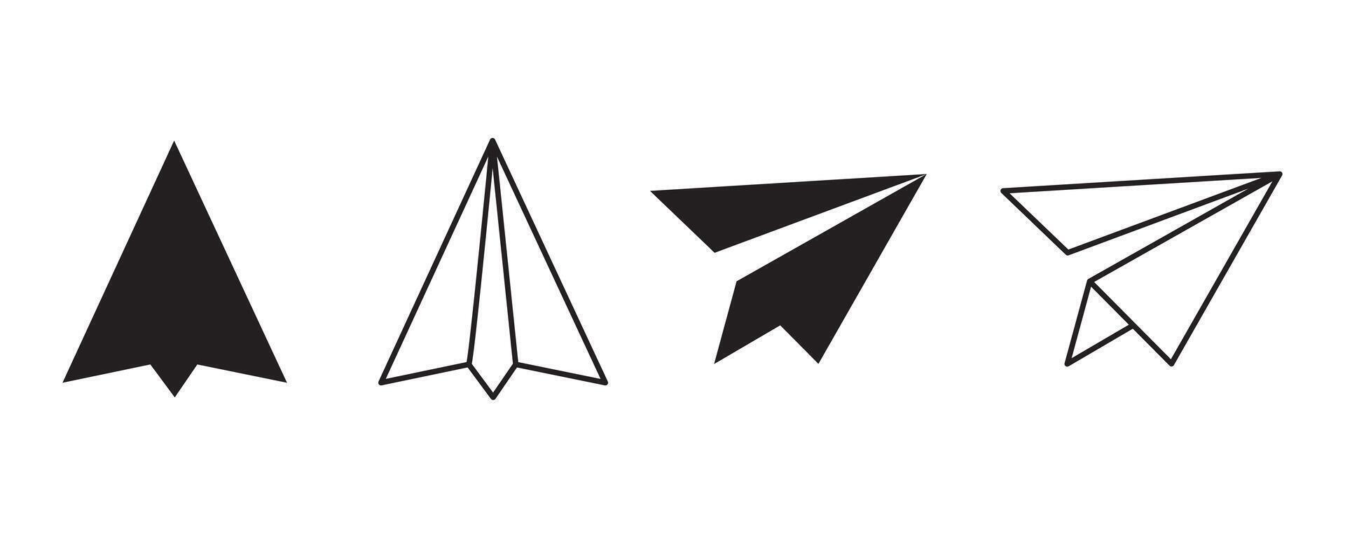 Paper plane liner icon set. Mail sign. Flight origami. Travel pictogram. paper airplane black icon. Send message button. Online chat concept. vector