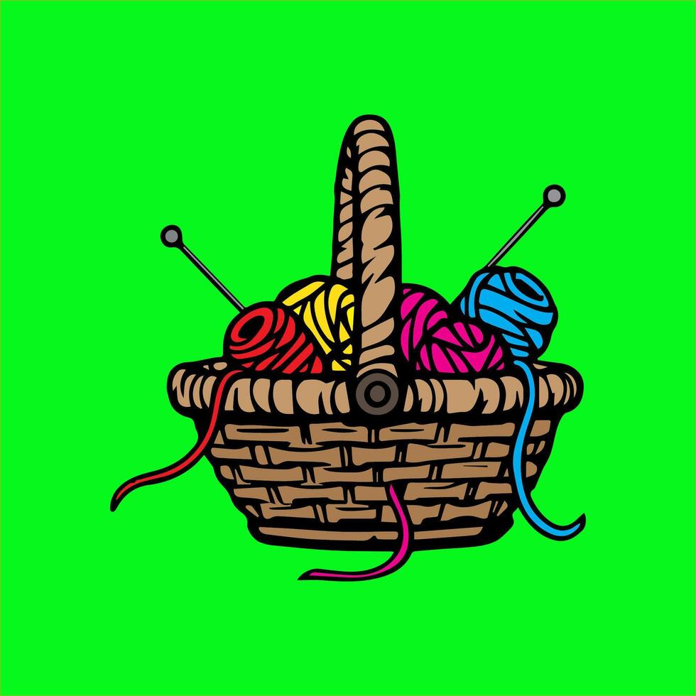 a basket with yarn and needles on a green background vector