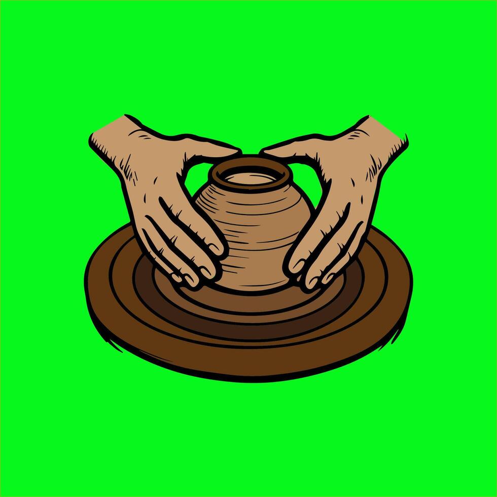 hands holding pottery on a potter's wheel vector