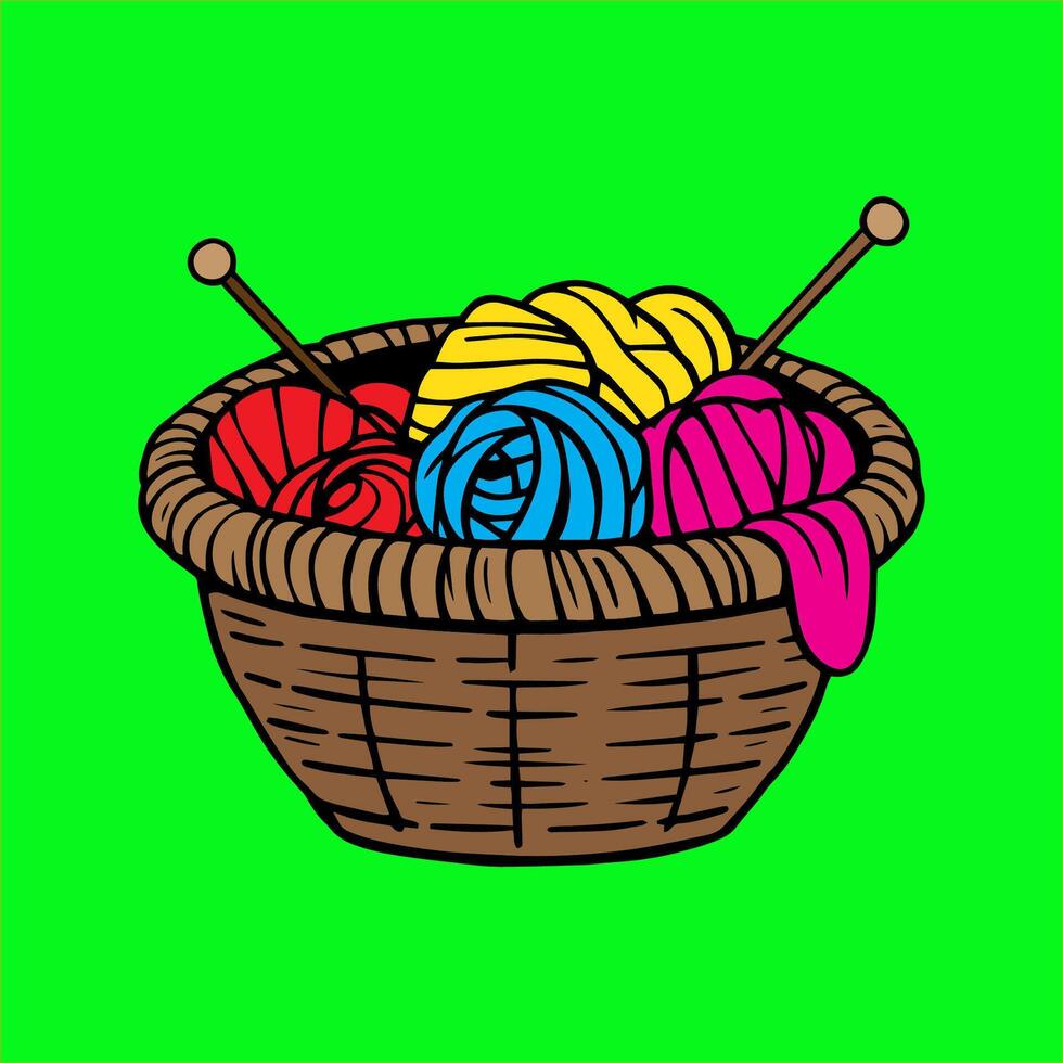 a basket full of yarn and knitting needles on a green background vector