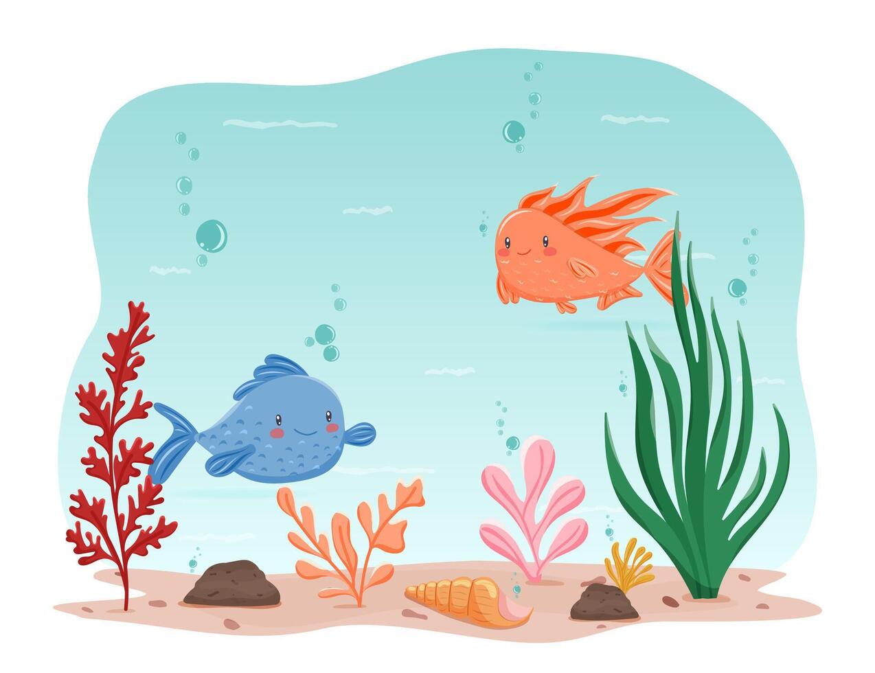 Two cartoon fish with seaweed and shell, underwater scene vector