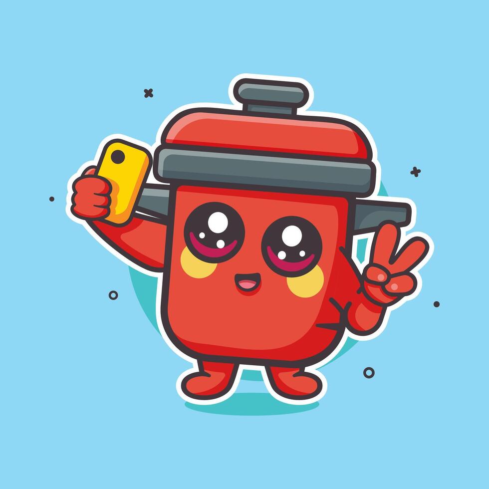 happy cooking pot character mascot taking a selfie with a smartphone isolated cartoon vector