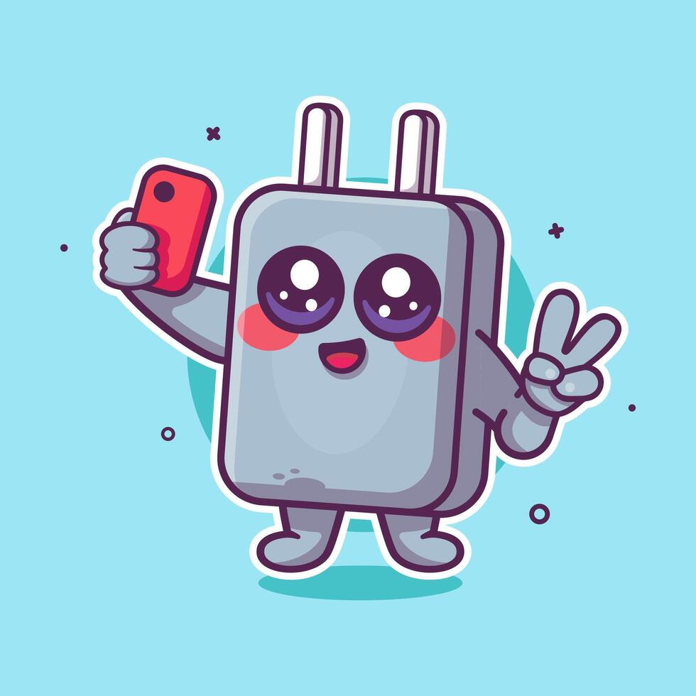 cheerful smartphone charger character mascot taking a selfie with a smartphone isolated cartoon vector