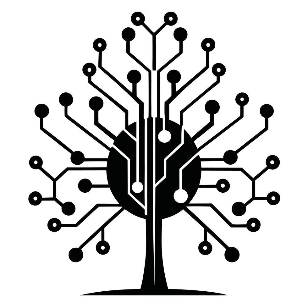 AI-powered tree silhouette with branching circuits symbolizing digital growth and innovation vector
