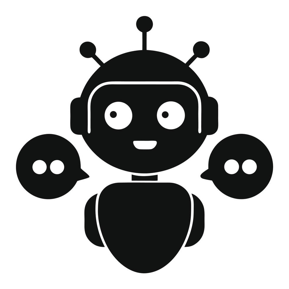 Black silhouette of a robot face with talk bubble illustrating digital dialogue and intelligent tech vector