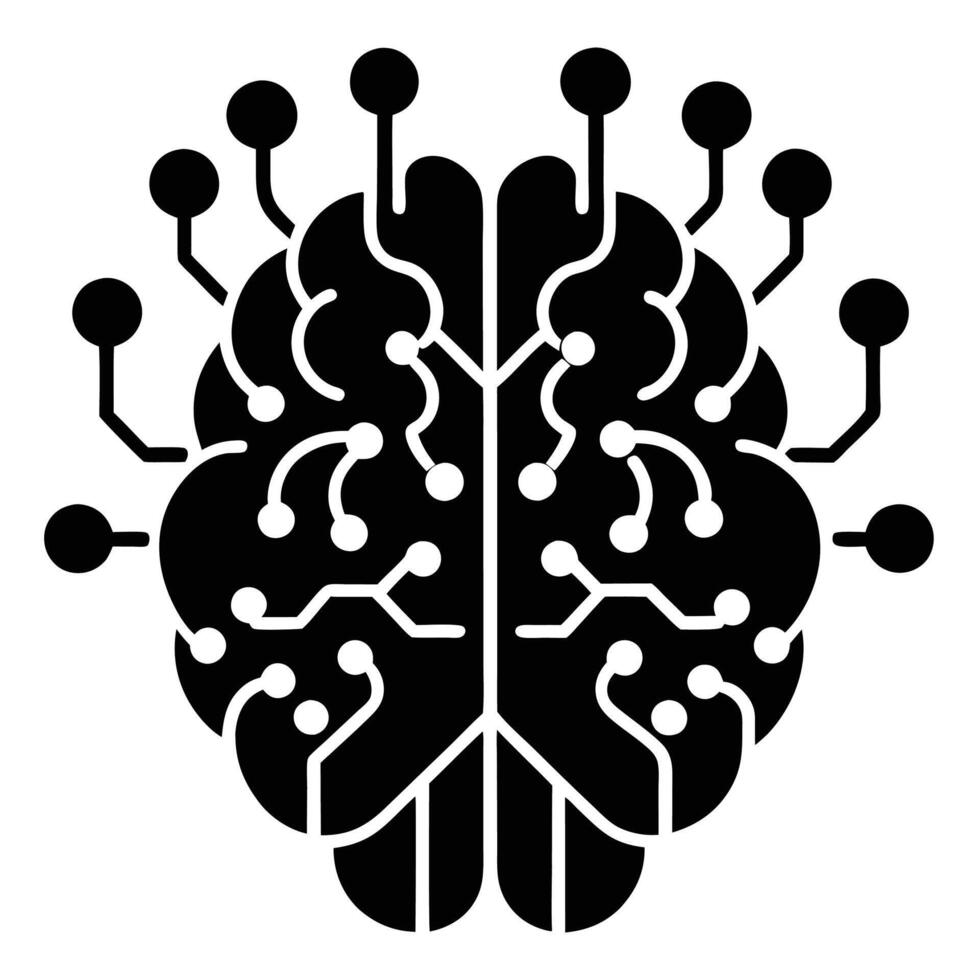 Simplified brain icon integrated with digital circuits representing machine learning and futuristic AI design vector