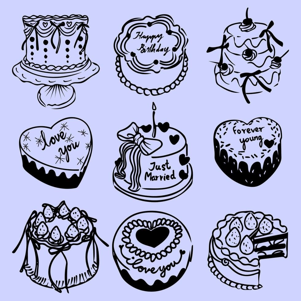 Collection Of Handdrawn Cakes With Various Decorations And Messages For Celebration and special Occasion vector