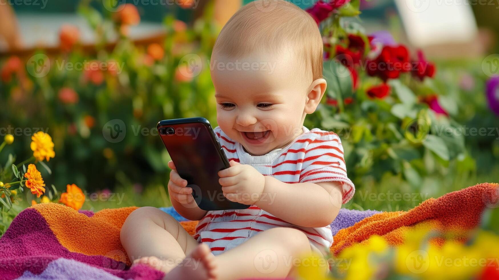 Baby enjoys sunny day in garden while playing with smartphone and surrounded by colorful flowers photo
