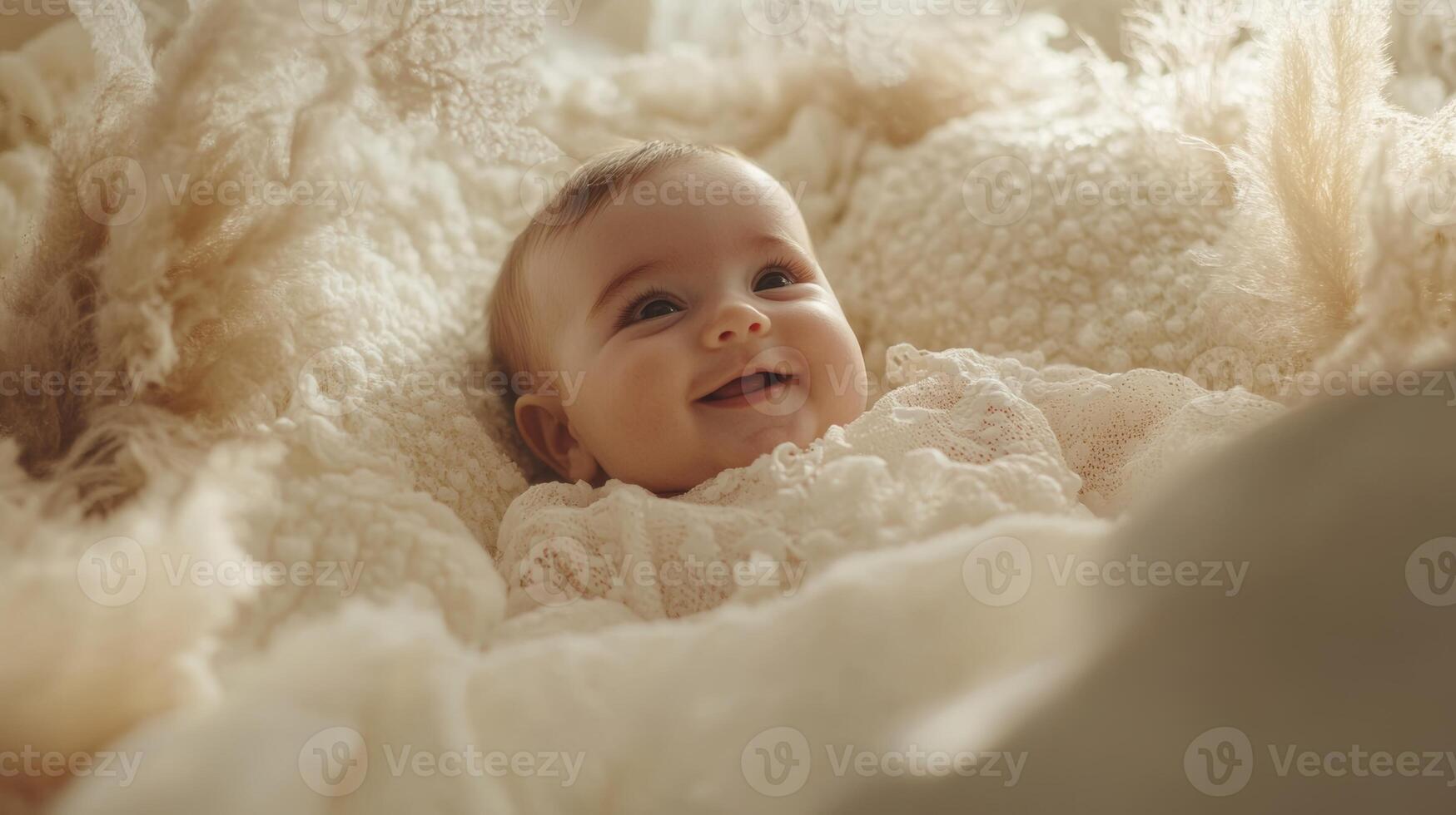 Joyful baby smiles surrounded by soft textiles in a cozy setting during a sunny afternoon photo