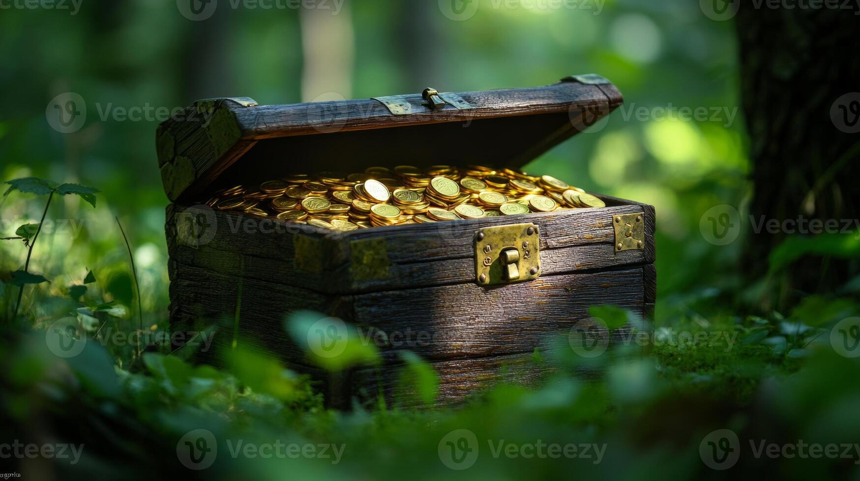 Treasure chest filled with gold coins discovered in a serene forest clearing during daylight hours photo