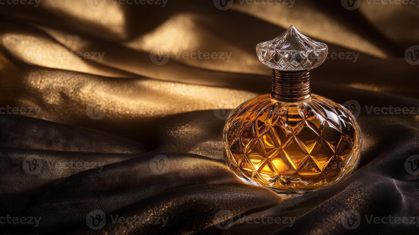 Luxurious isolated perfume bottle reflecting warm golden light on soft fabric in an elegant setting photo