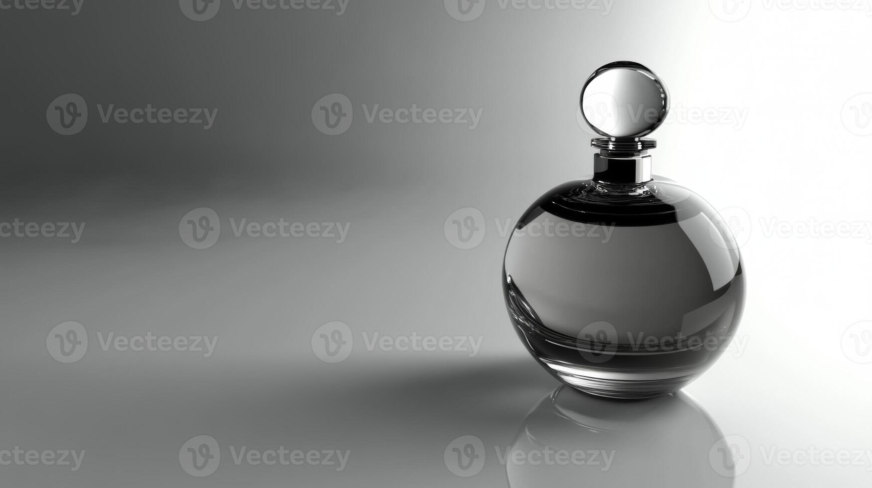 Isolated luxurious perfume bottle with elegant design resting on a reflective surface in soft lighting photo